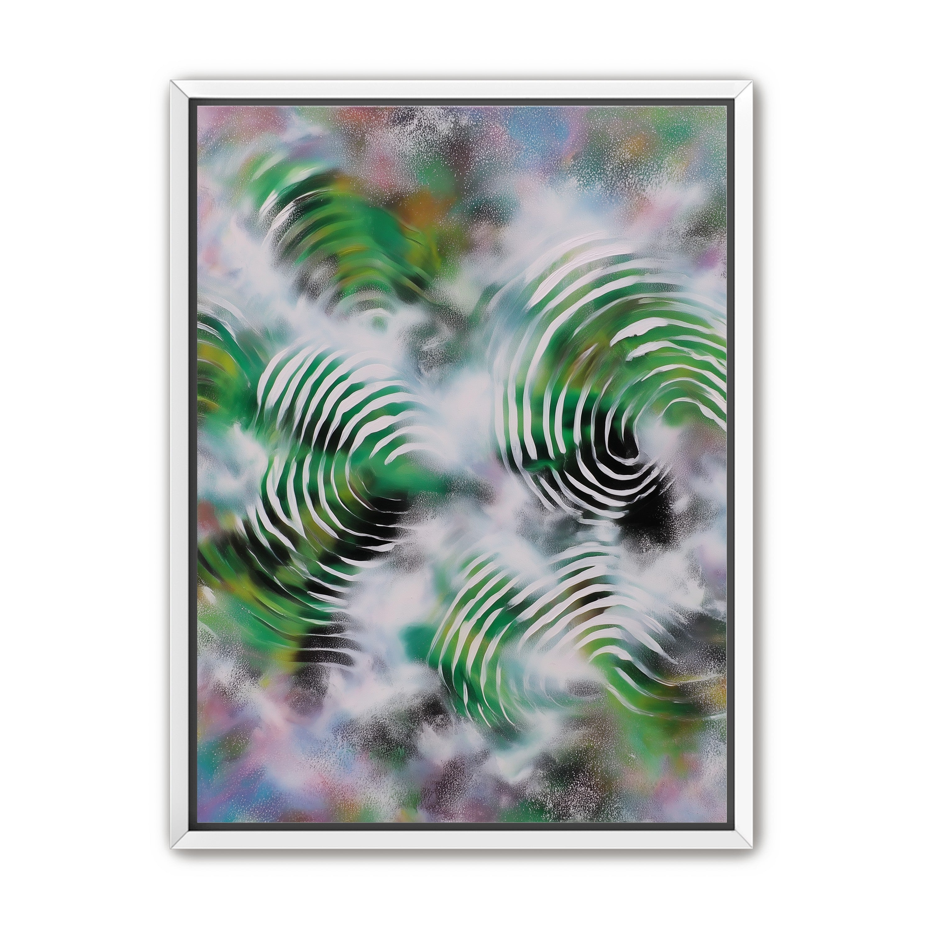 White haze over green spirals
