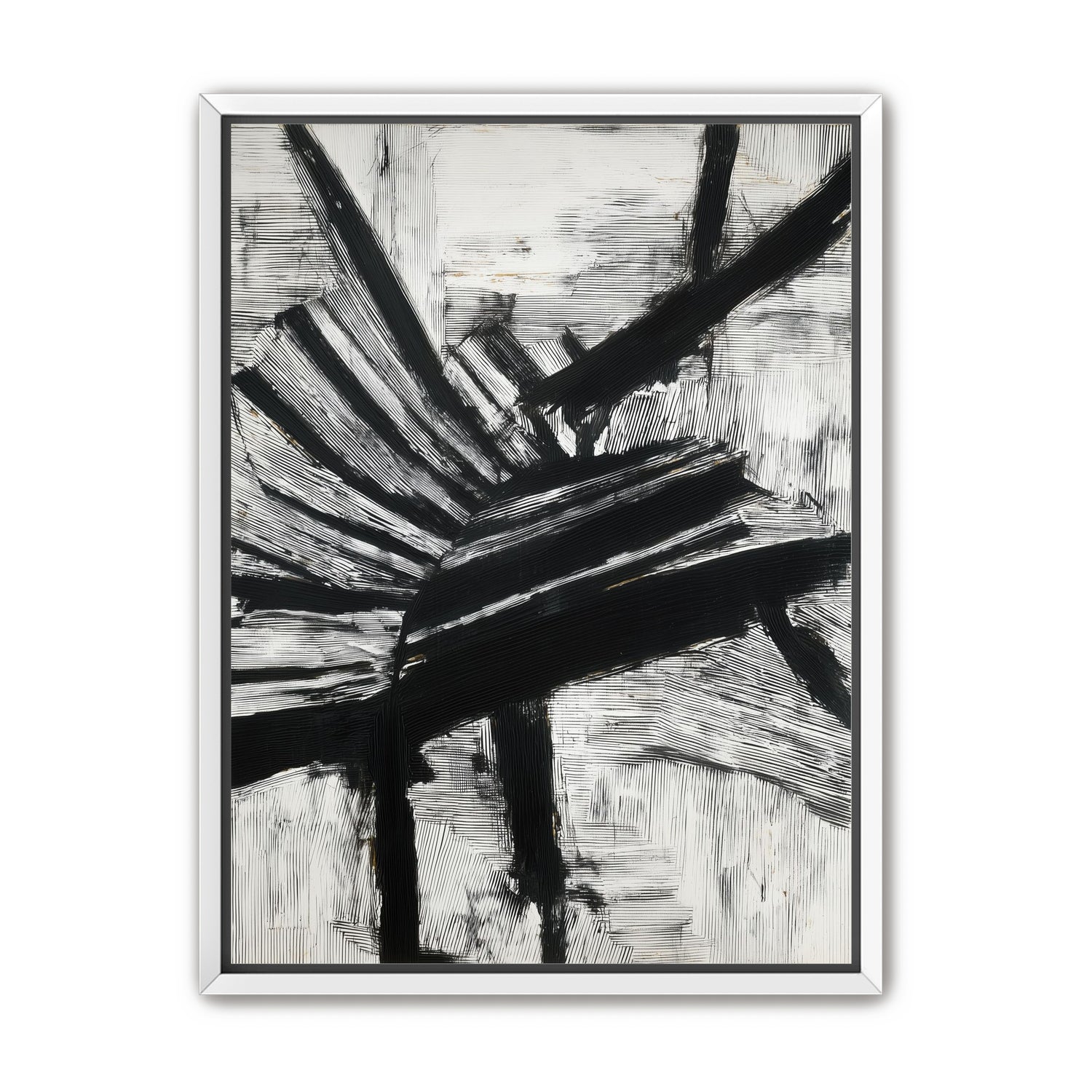 Non-Representational: Thick black brushstrokes cross and stack over a white surface filled with fine scratched lines.