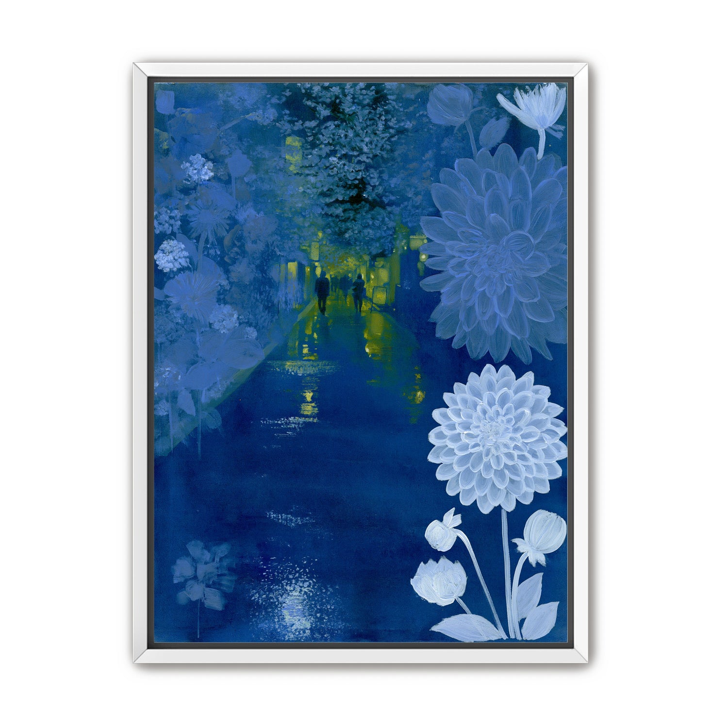 Two walkers under giant flowers