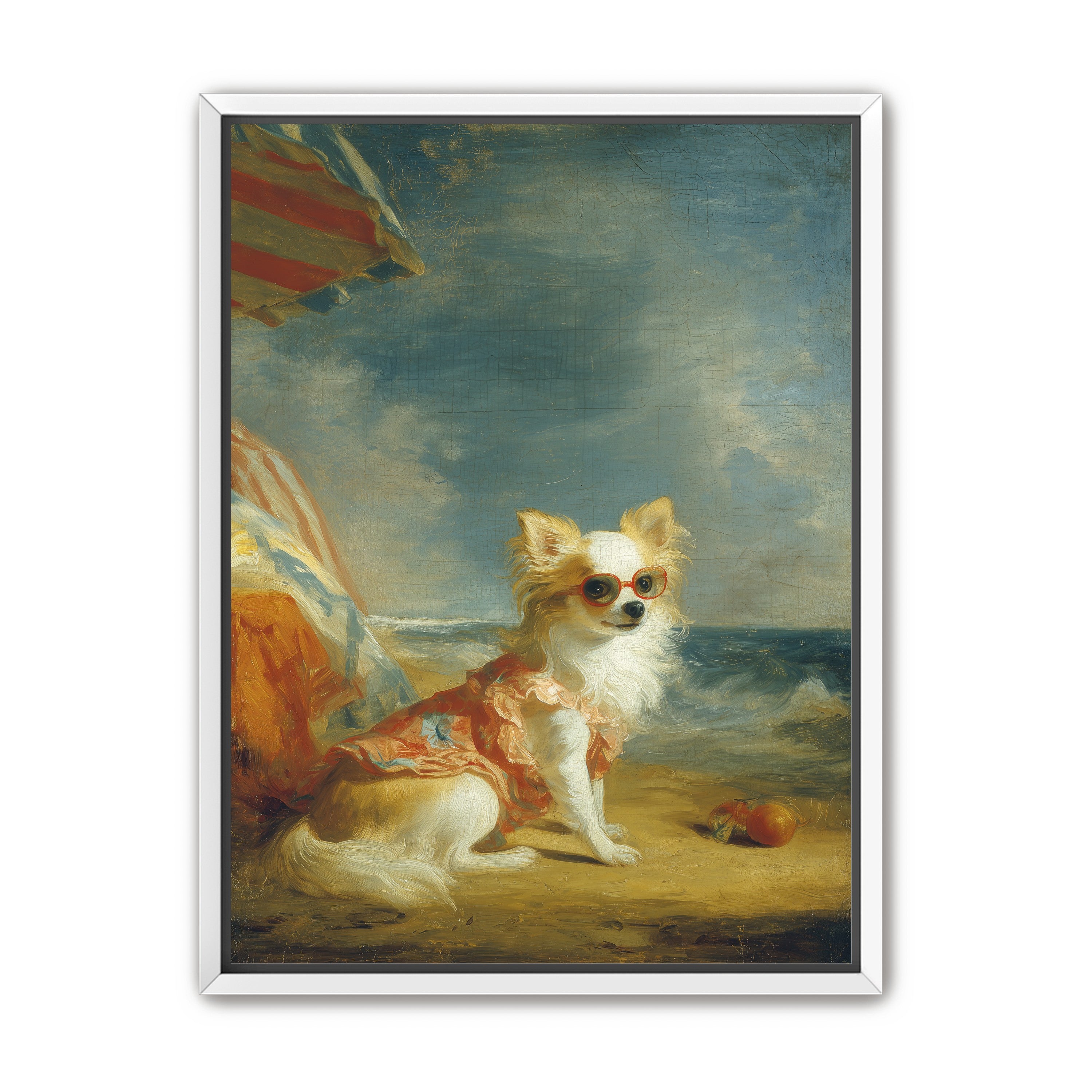 Seaside dog in red sunglasses