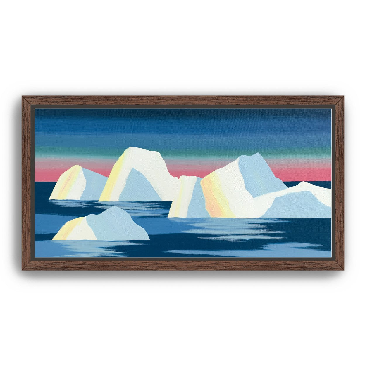 Icebergs under a pink banded sky