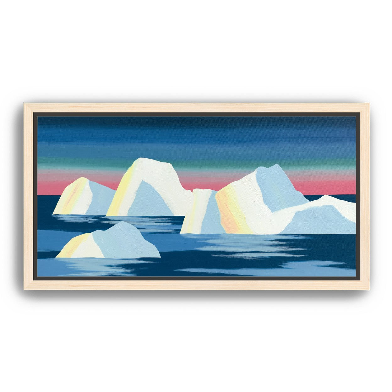 Icebergs under a pink banded sky