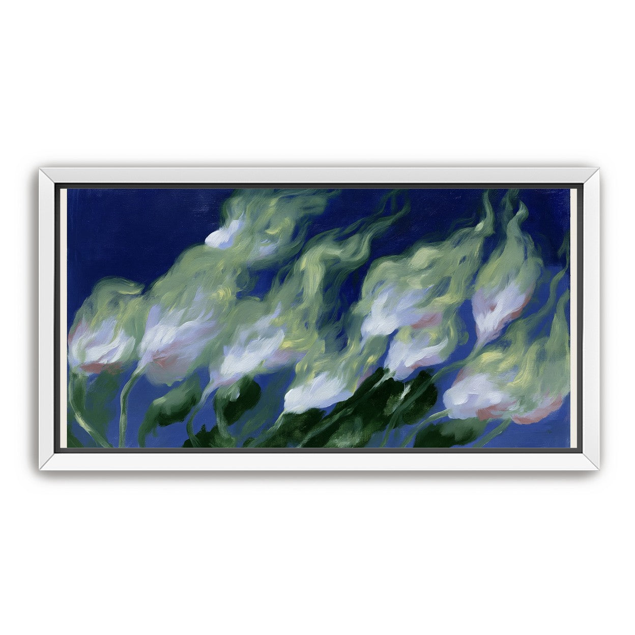 Pale flowers across blue field