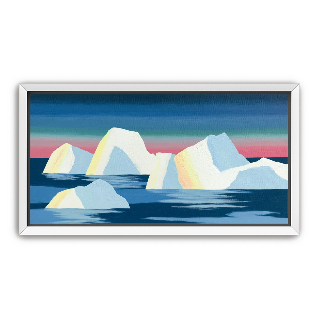 Icebergs under a pink banded sky