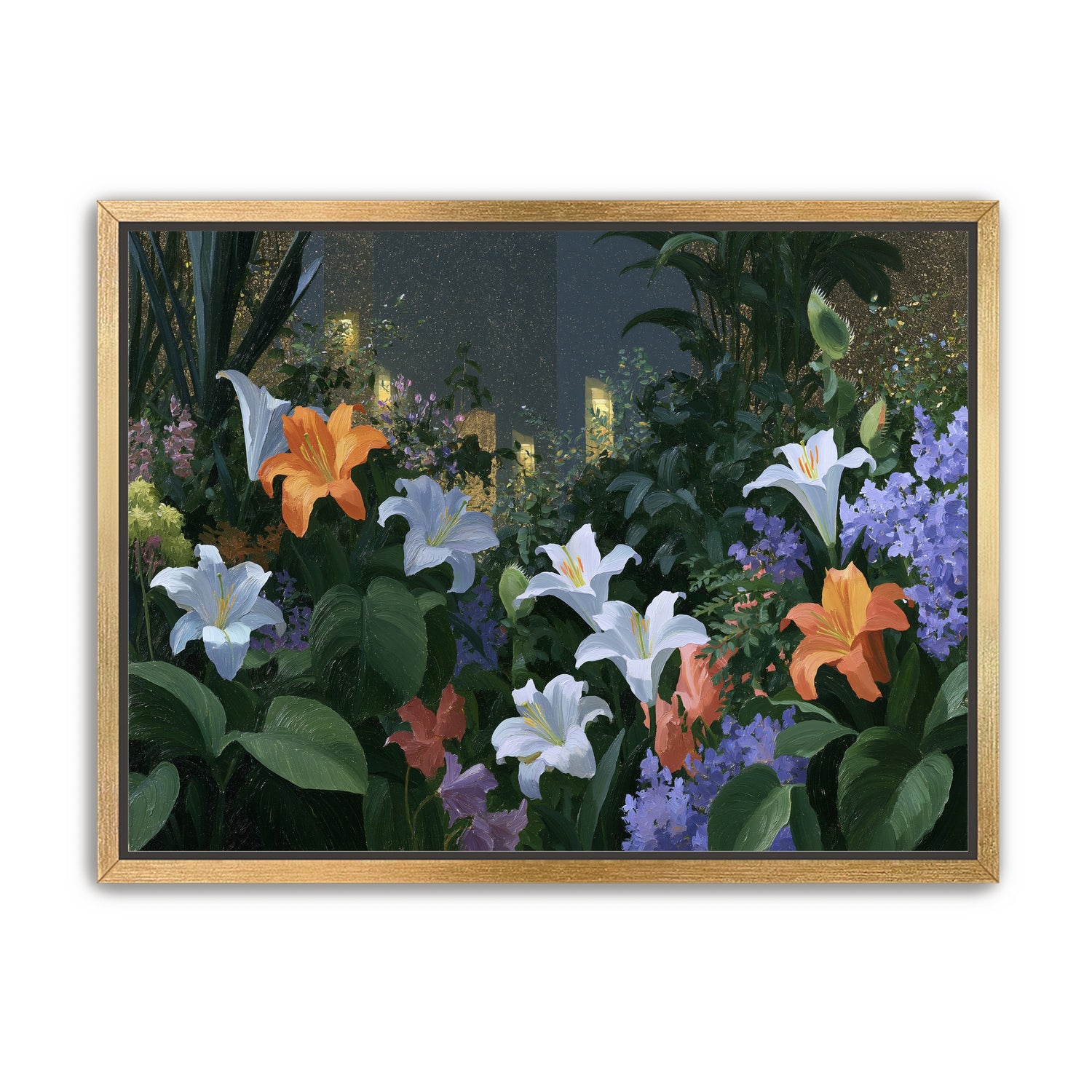 Lit windows beyond the lilies