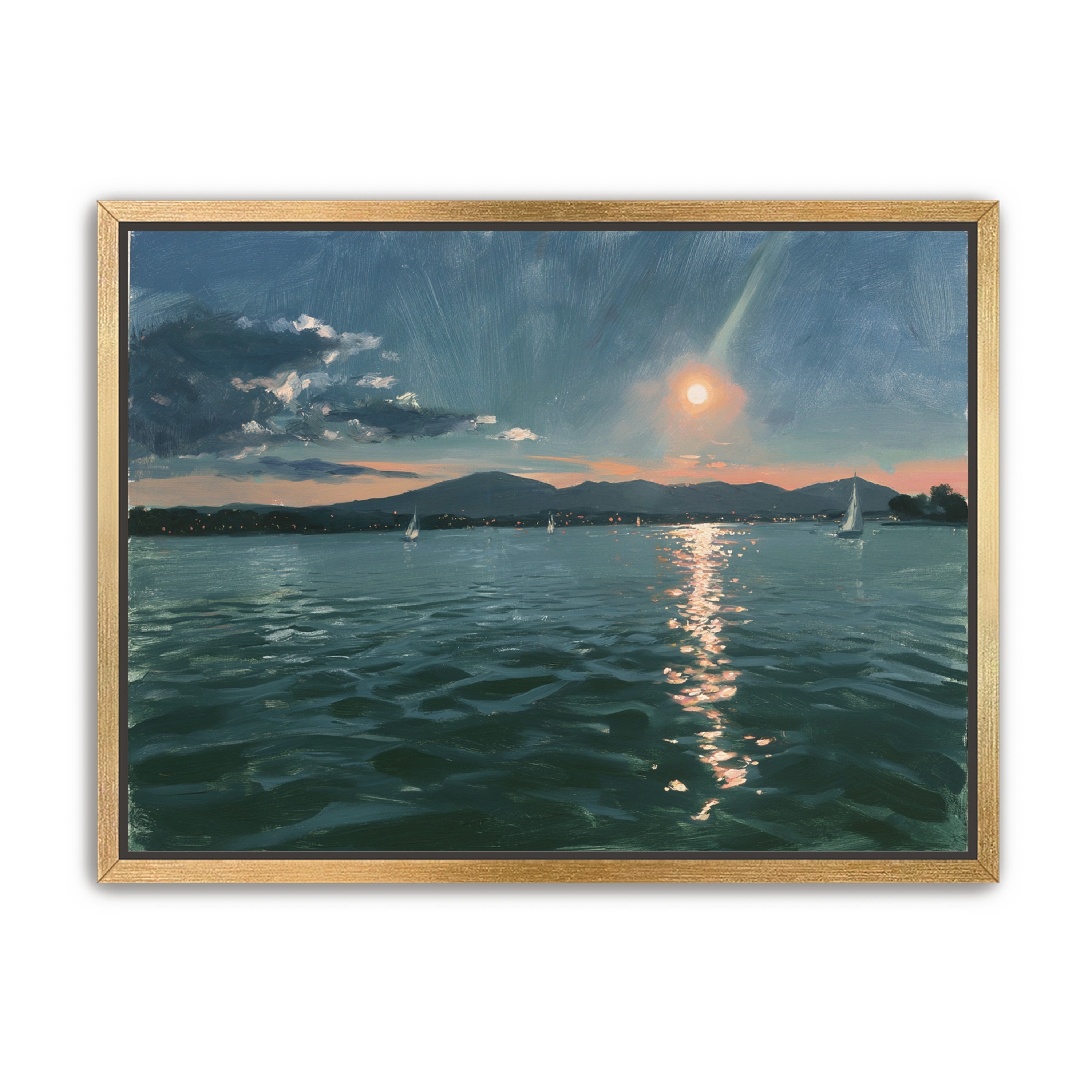 Peach sun on blue water