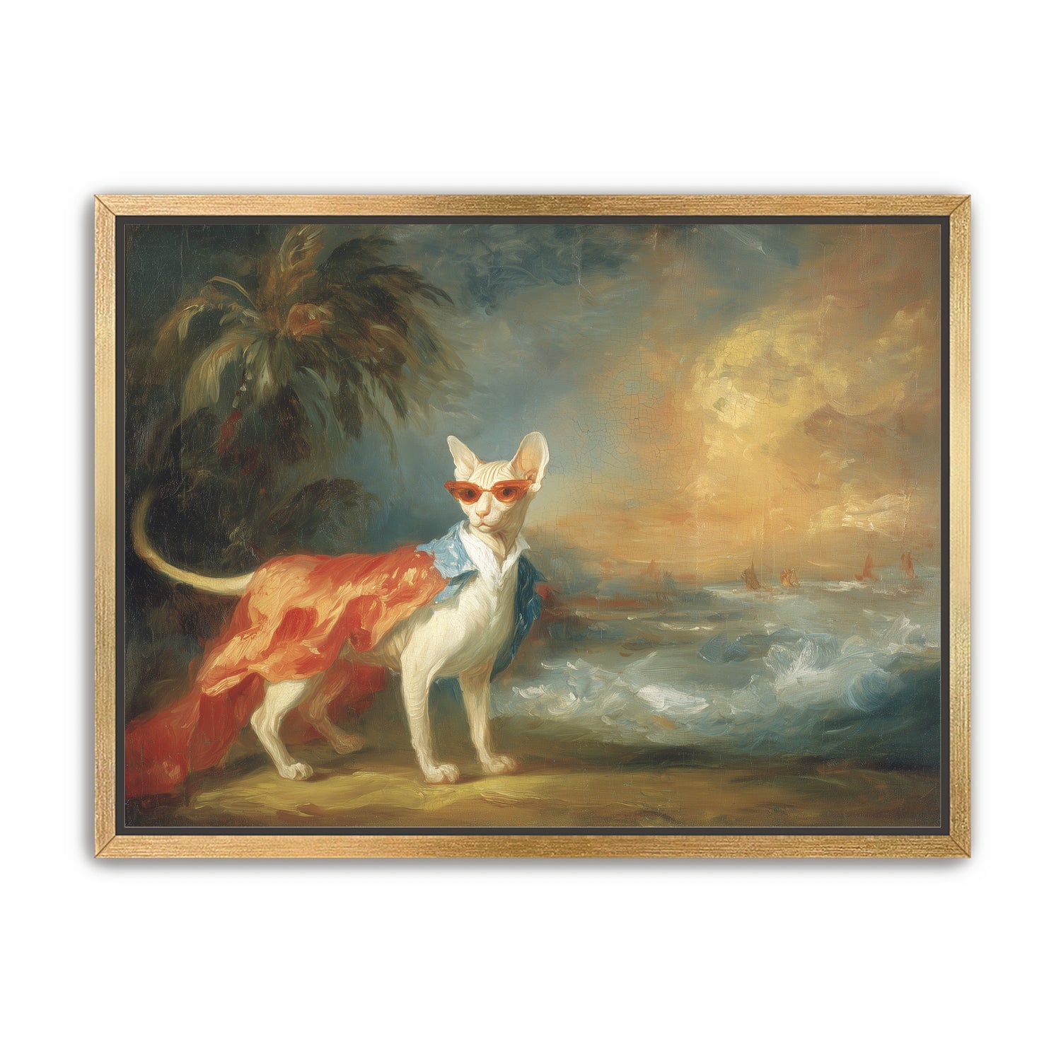 Sunglasses cat at the shore