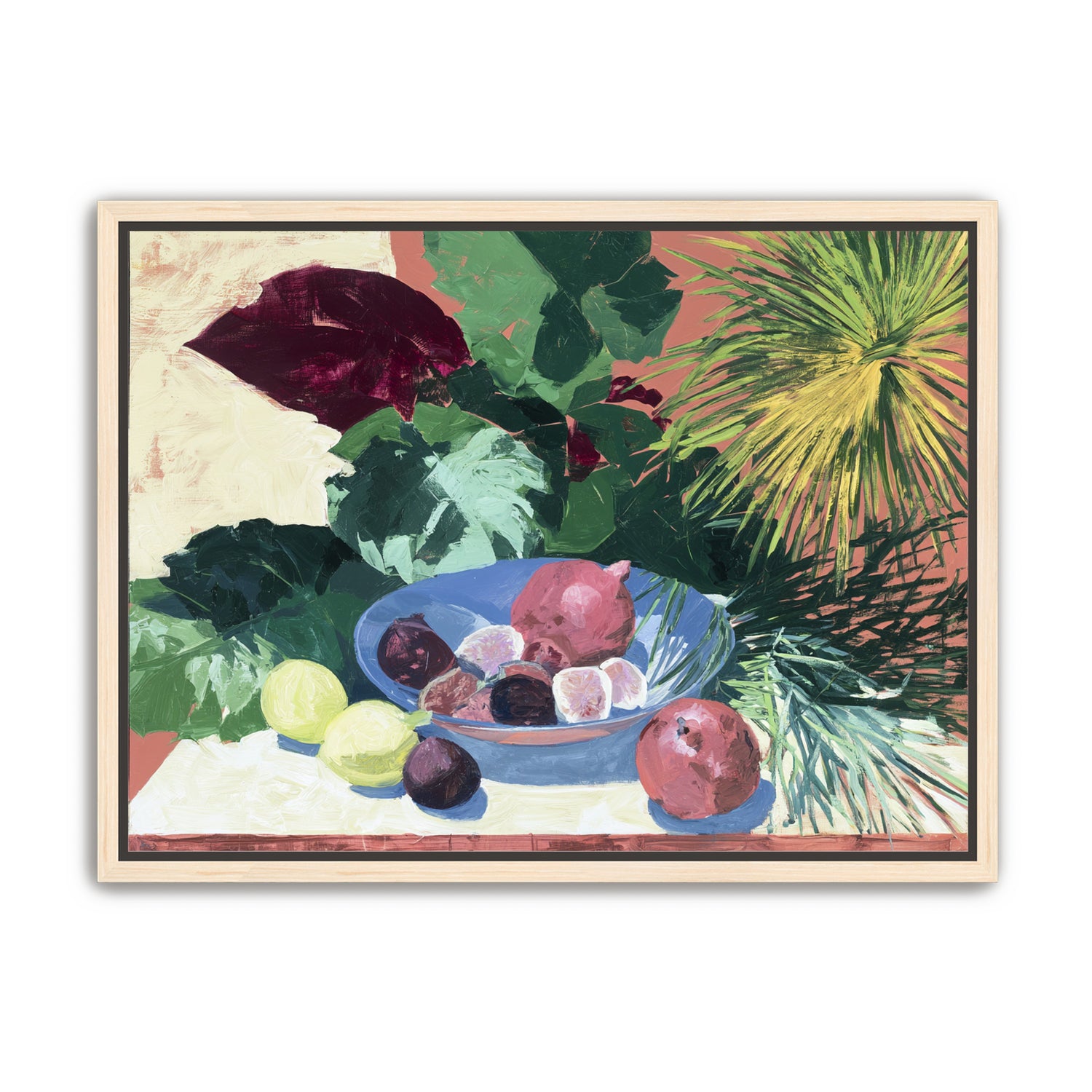 Blue bowl under palm frond