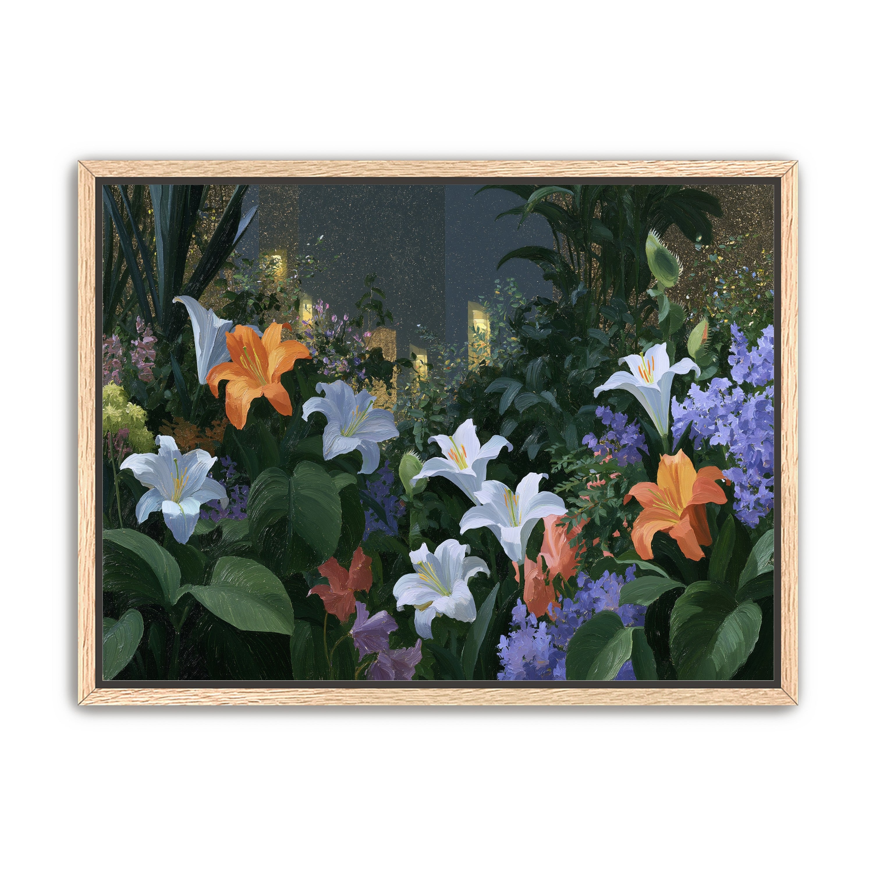 Lit windows beyond the lilies