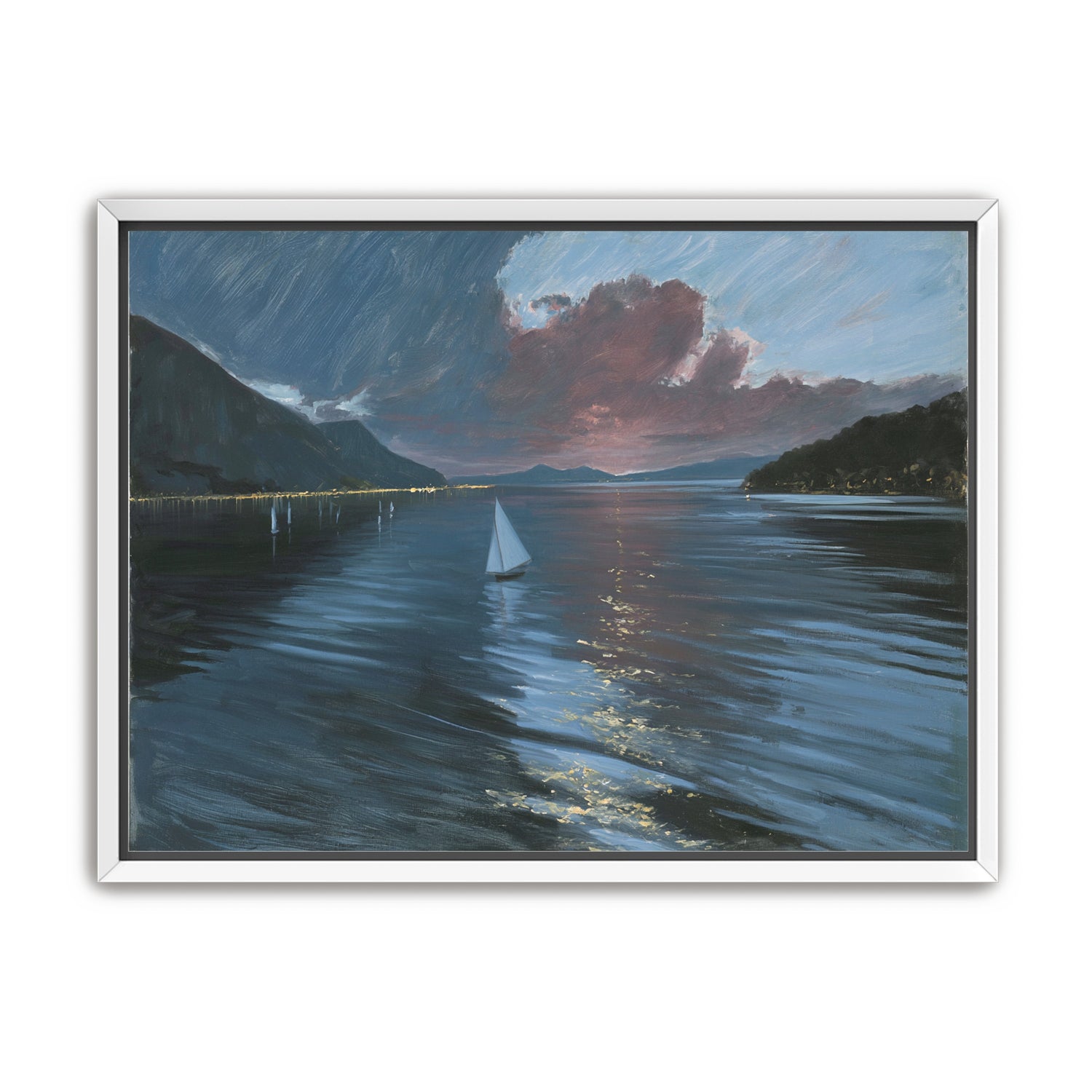 A sailboat beneath storm clouds