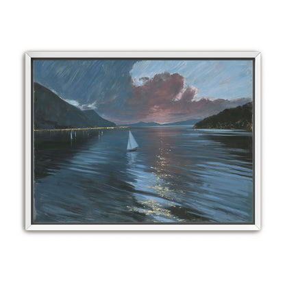 A sailboat beneath storm clouds