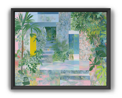 Pastel stairs between yellow and blue doors
