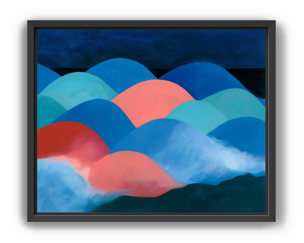 Pink moon among blue hills