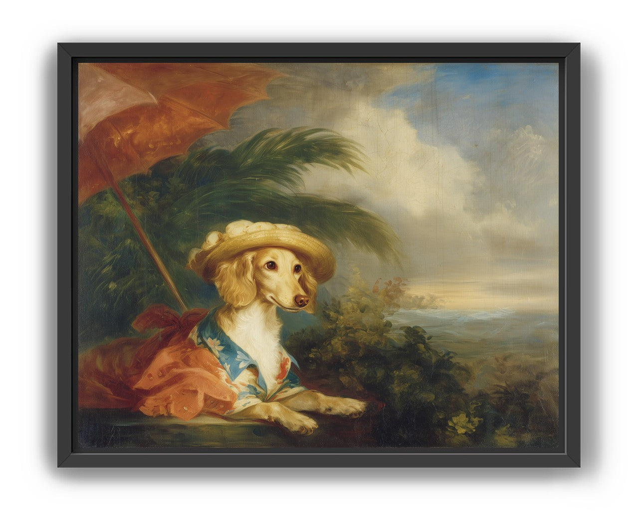 Red parasol over seaside dog