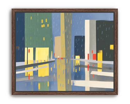 Yellow windows on wet blue street