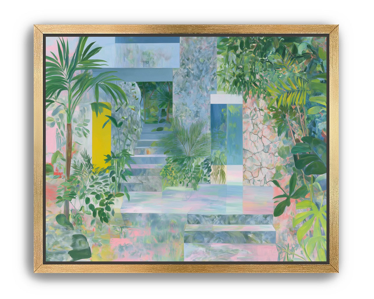 Pastel stairs between yellow and blue doors