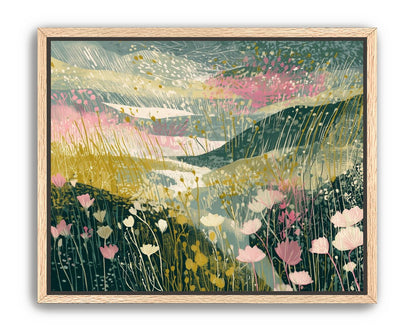 Wildflowers across layered hills
