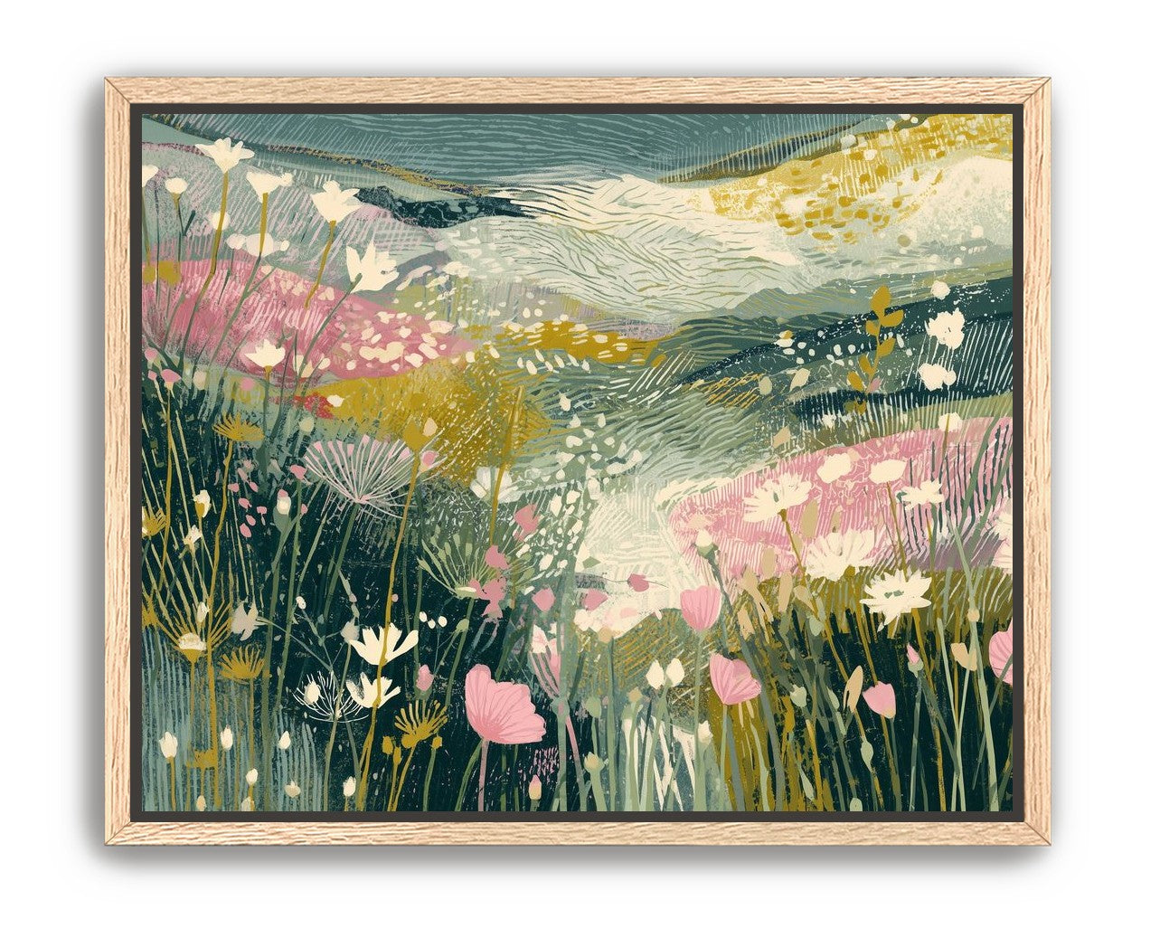 Teal sky over pink meadow
