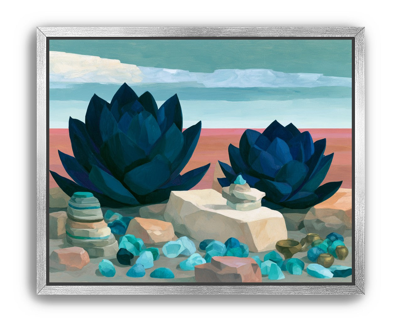 Deep blue blooms on coral ground