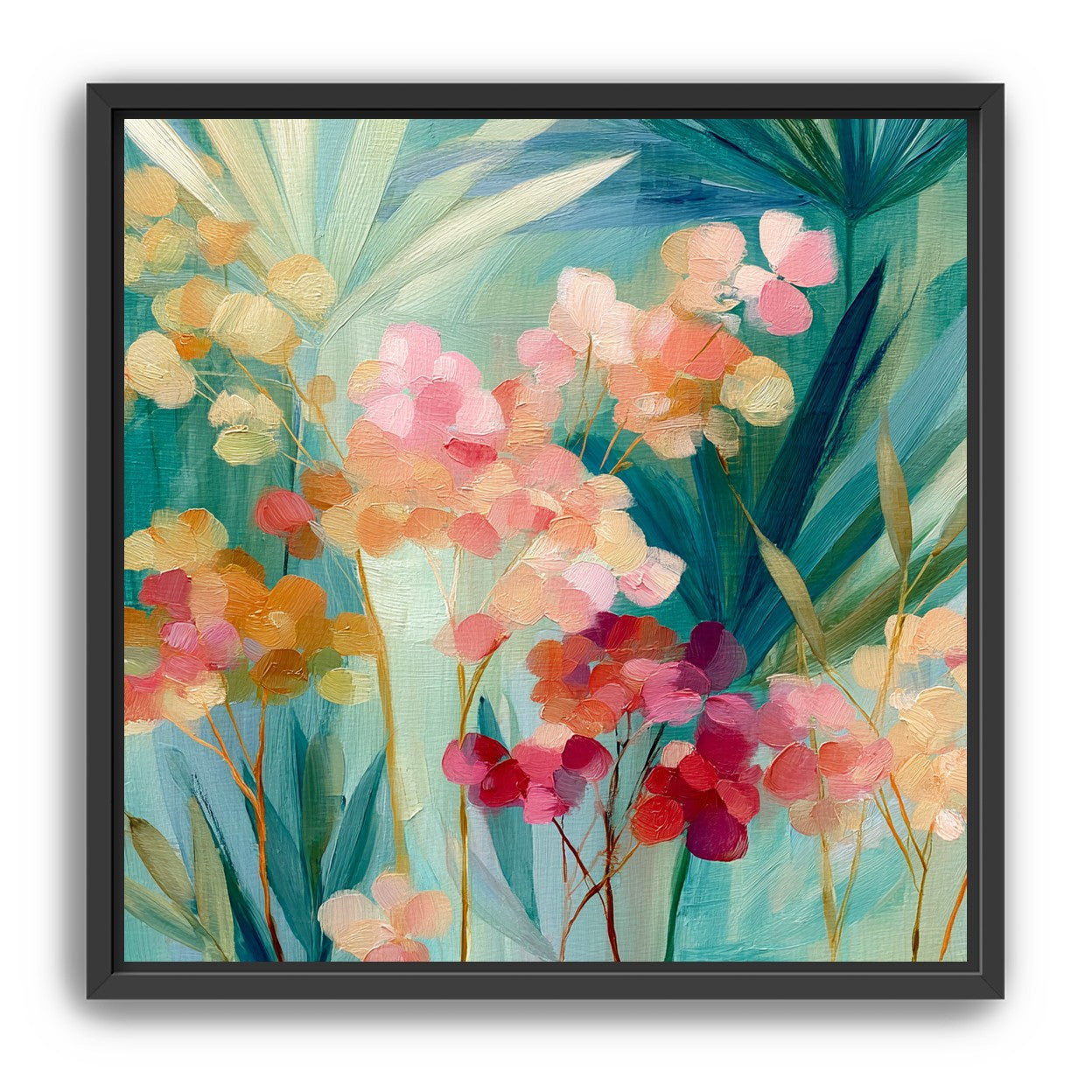 Flowers among teal leaves