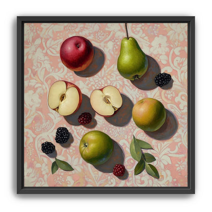 Apples, Pear, and Berries on Floral Fabric