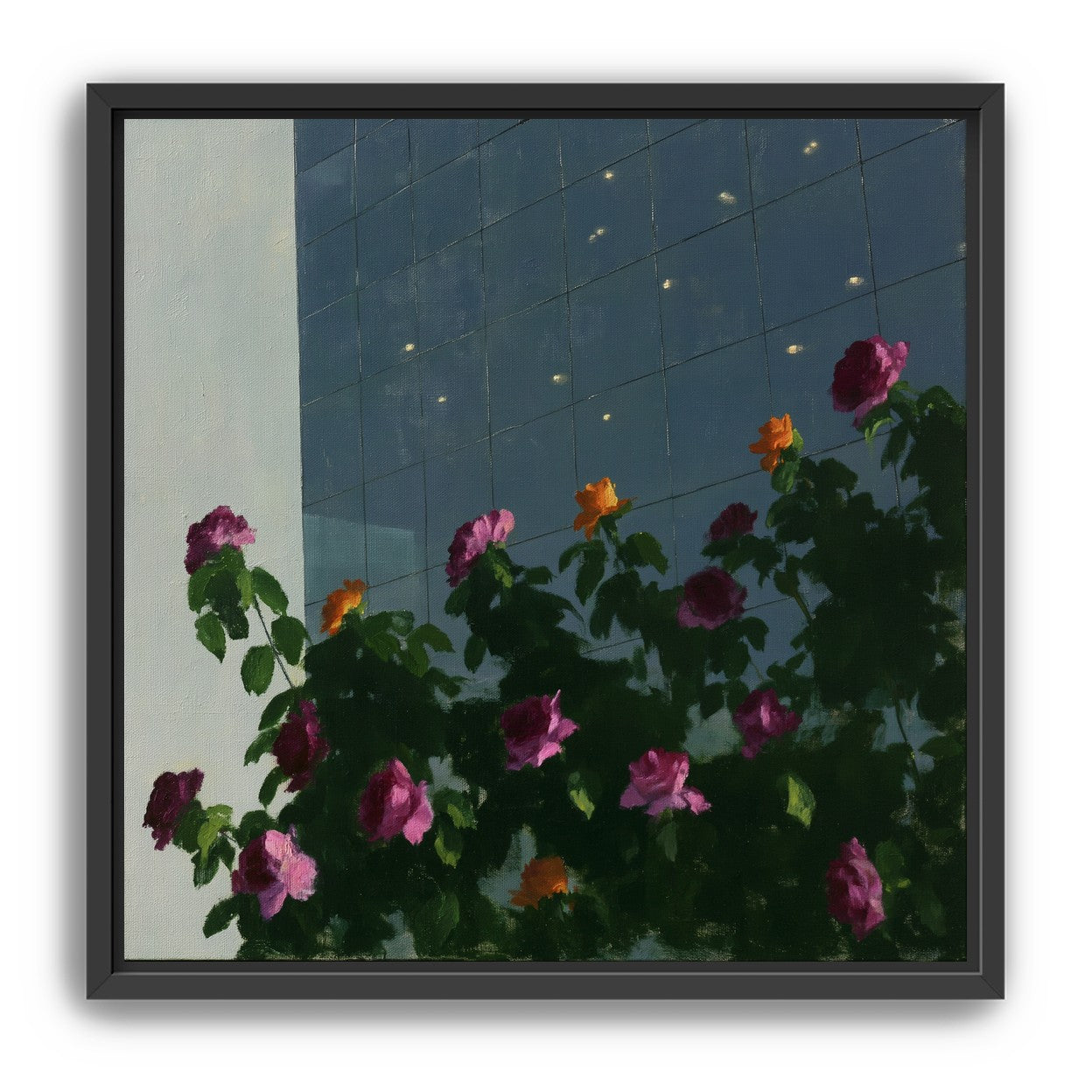 Flowers against the glass tower
