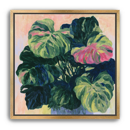 Pink light on green leaves