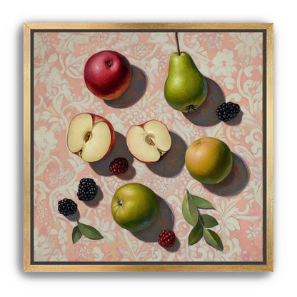 Apples, Pear, and Berries on Floral Fabric