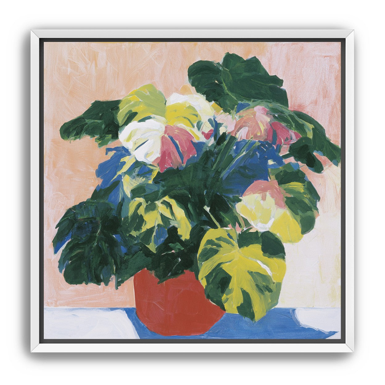 Red pot under heavy leaves