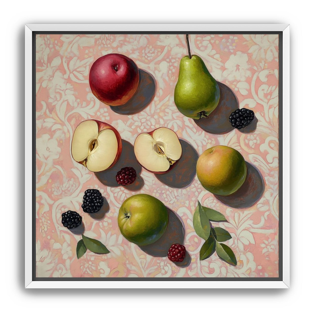 Apples, Pear, and Berries on Floral Fabric
