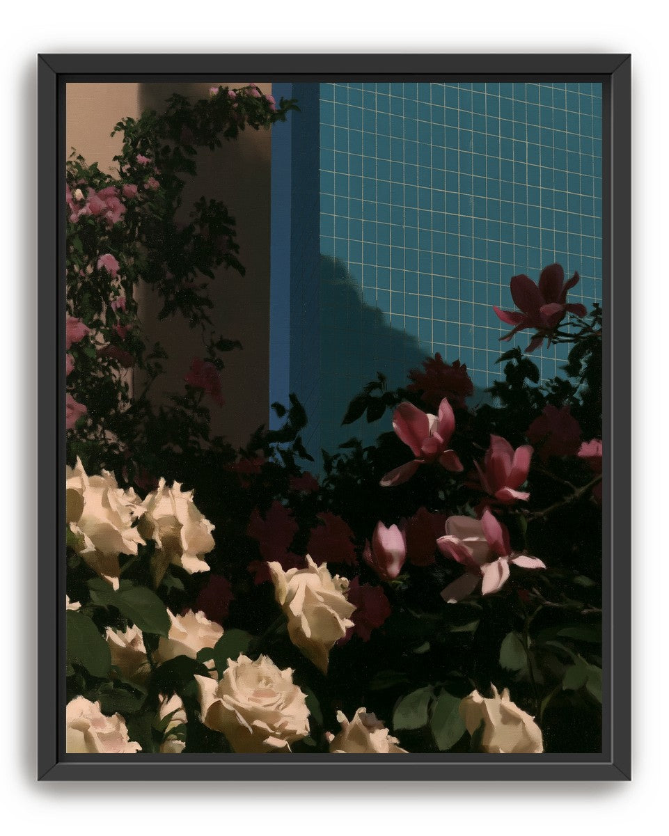 Flowers beneath the tiled wall