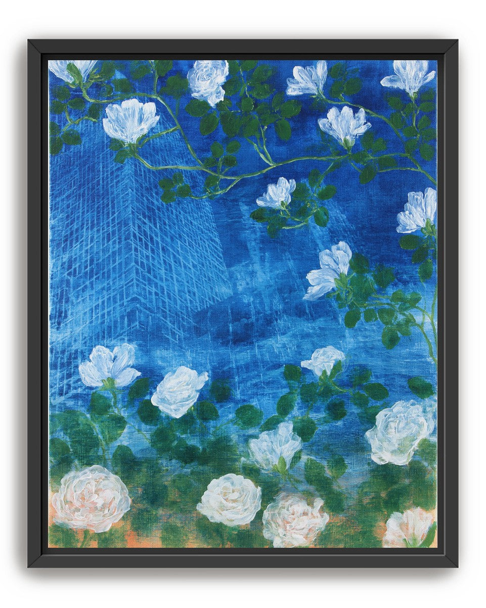 White blossoms on cobalt blue