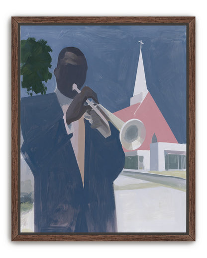 Blue sky over pink church