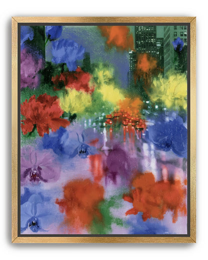 Neon traffic under painted blooms
