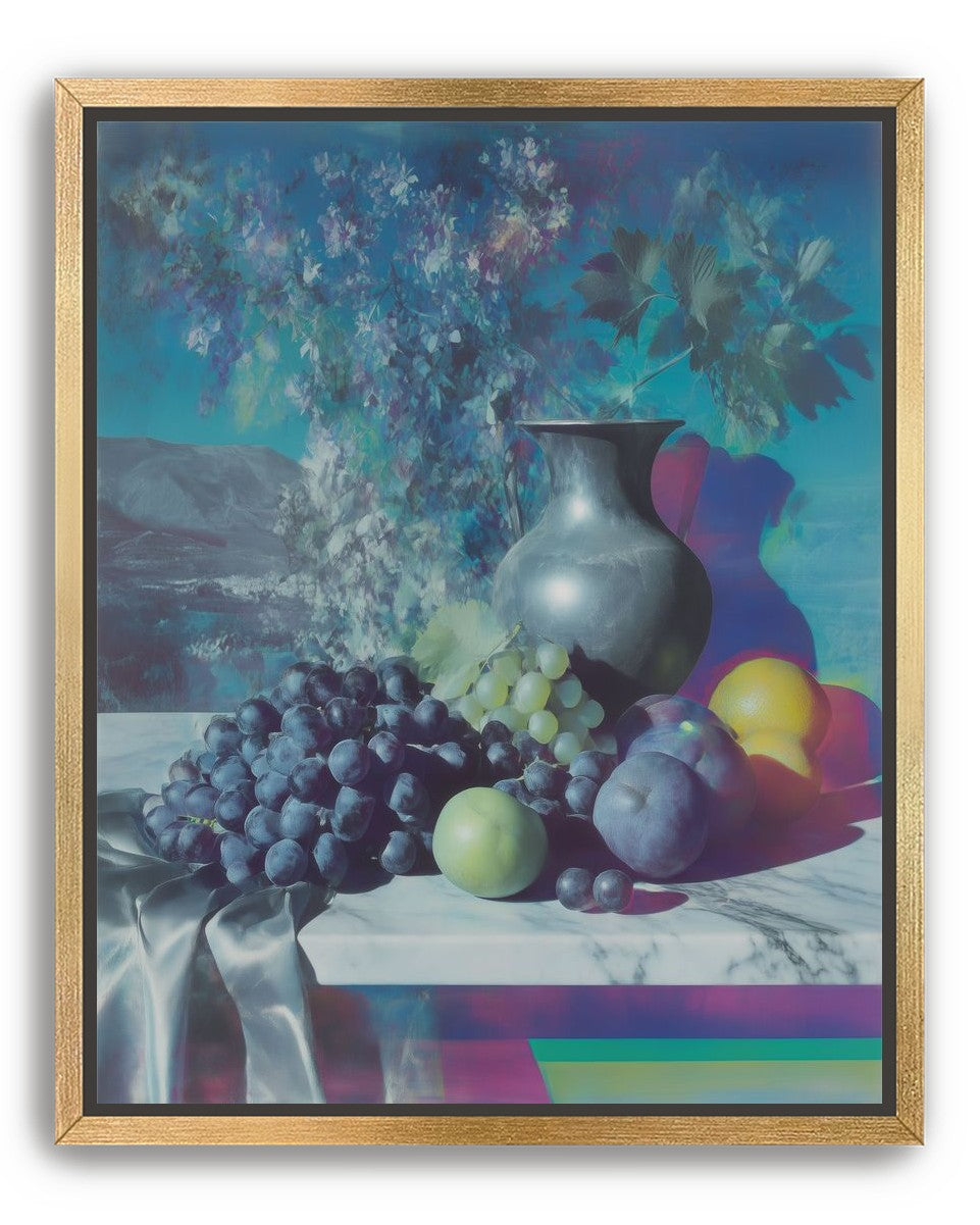 Vase and fruit in blue haze