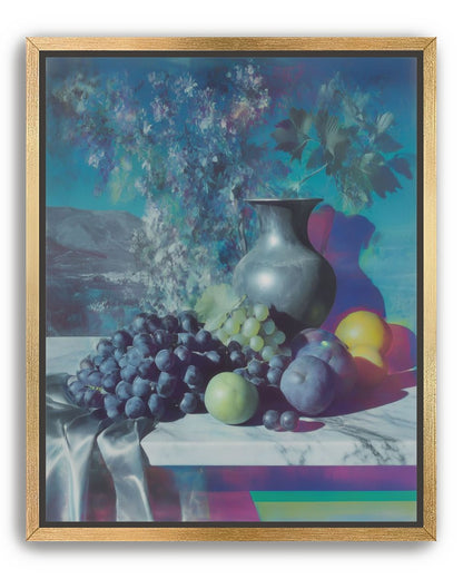 Vase and fruit in blue haze