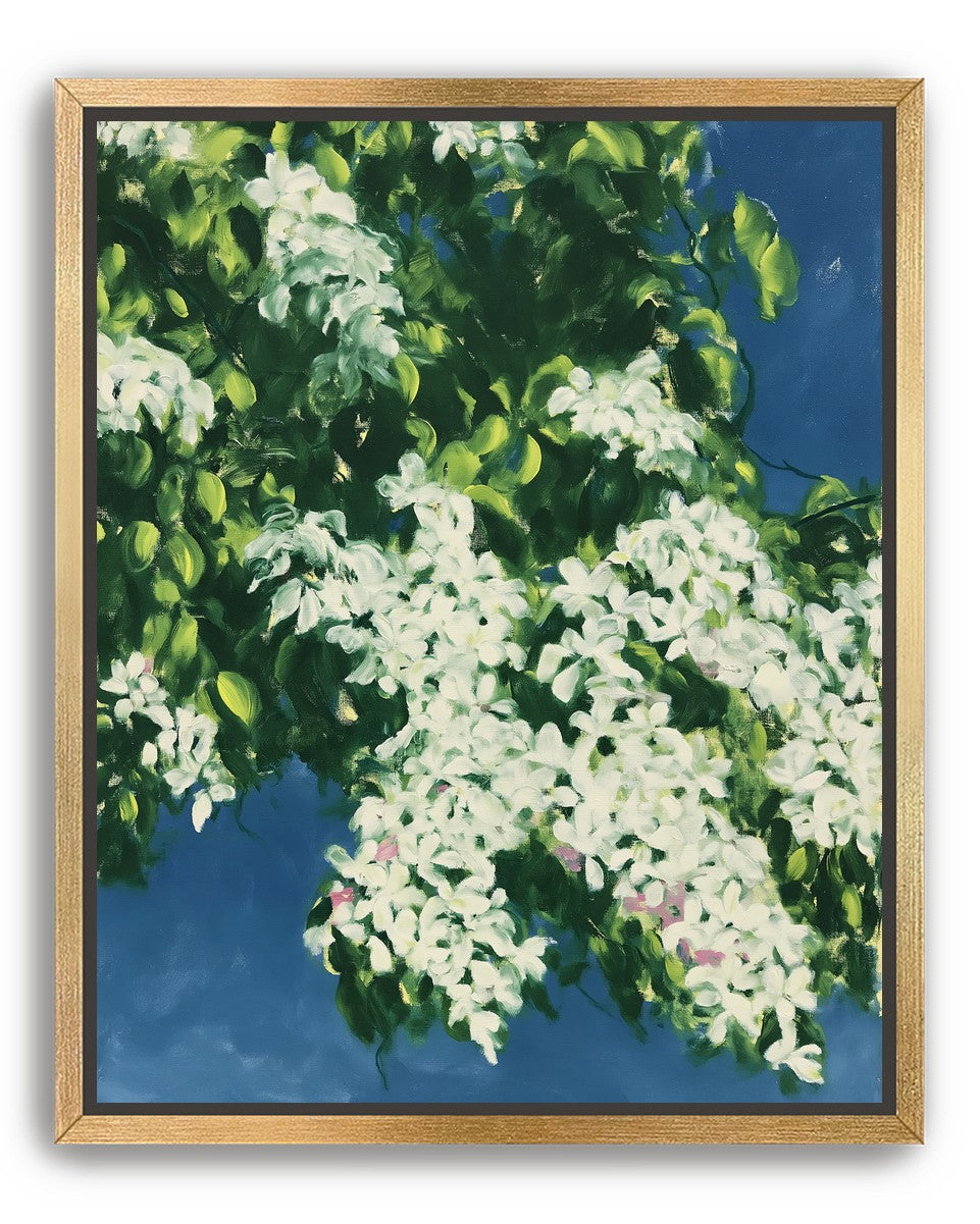 White blossoms on blue field