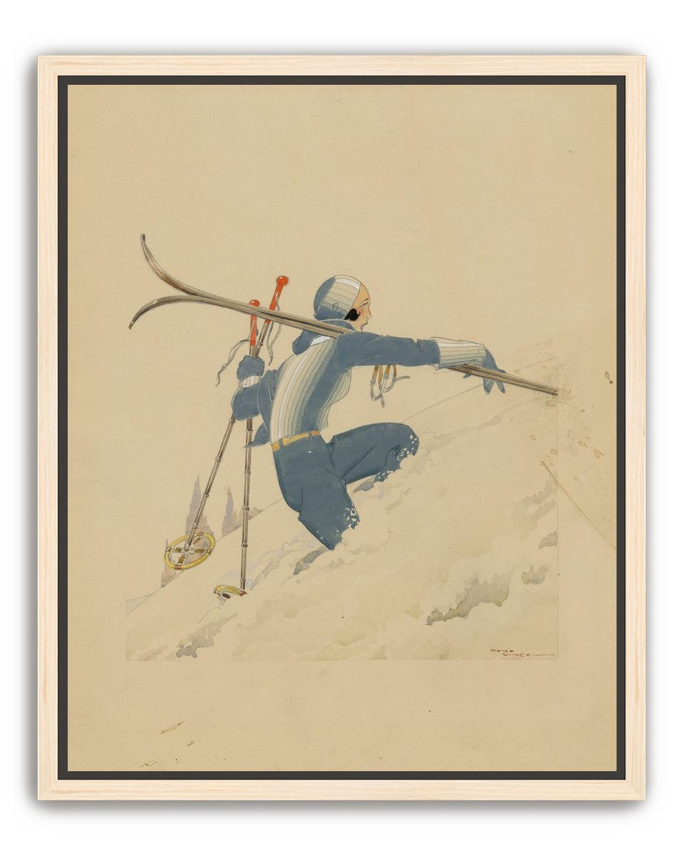 Blue skier in pale snow