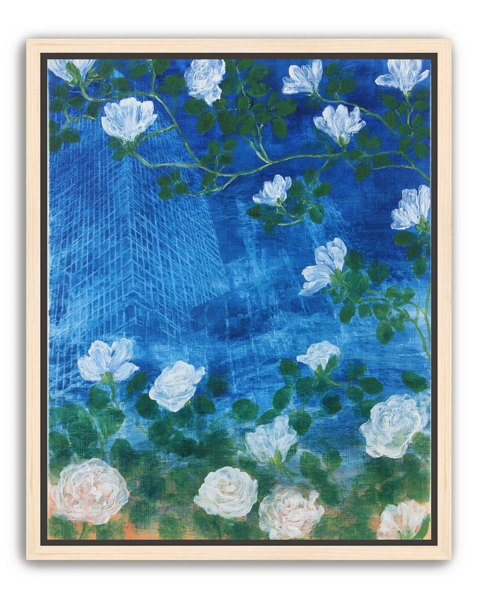 White blossoms on cobalt blue