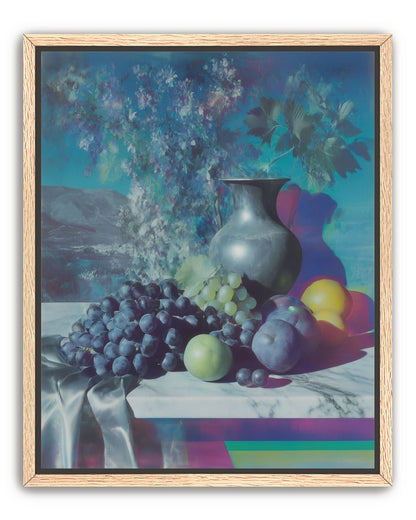 Vase and fruit in blue haze