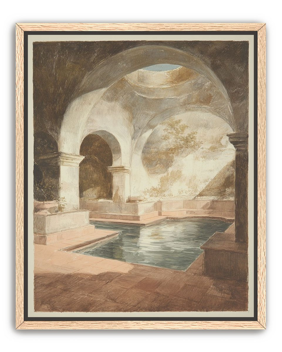 Courtyard pool beneath pale arches