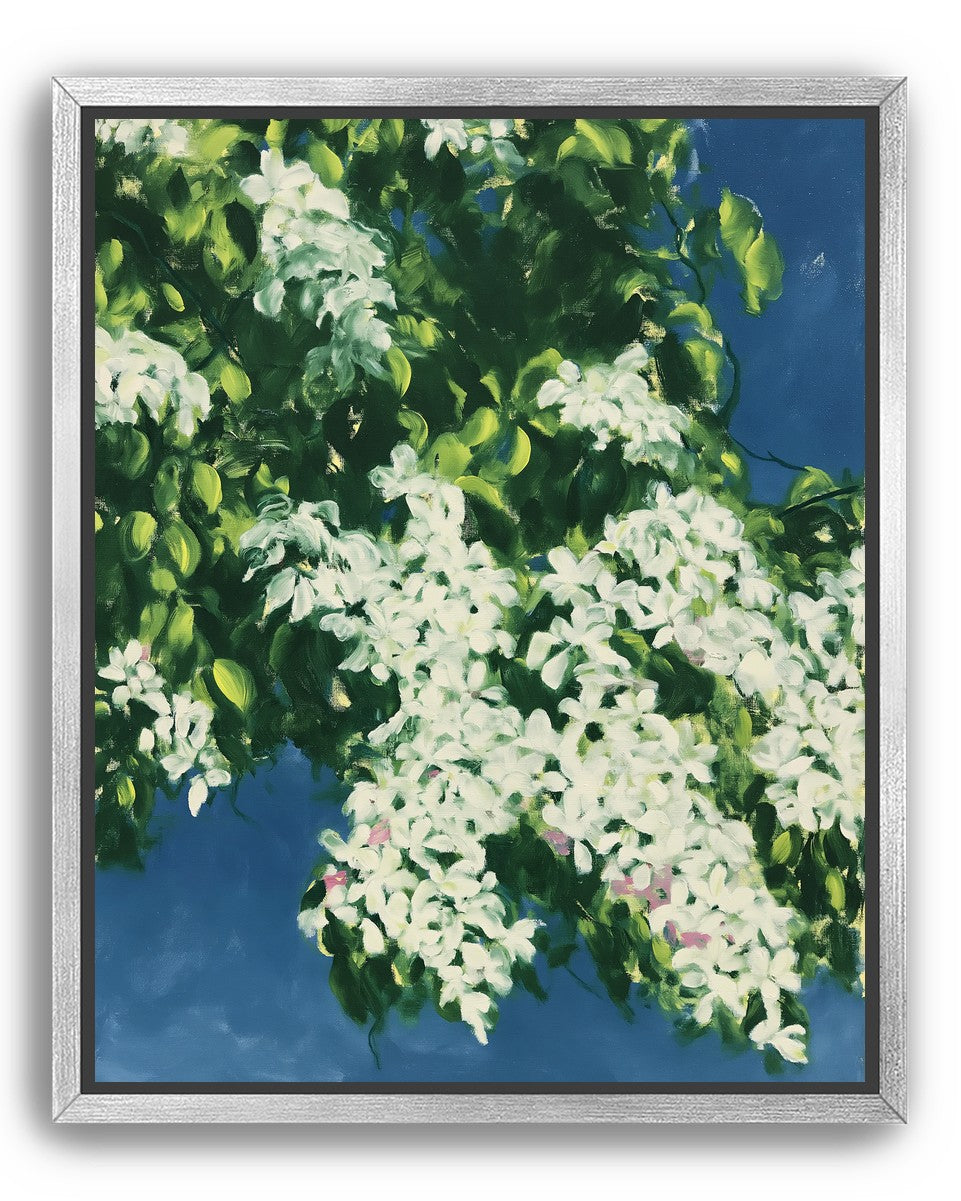White blossoms on blue field