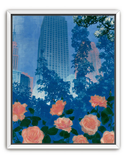 Pink roses below skyscrapers