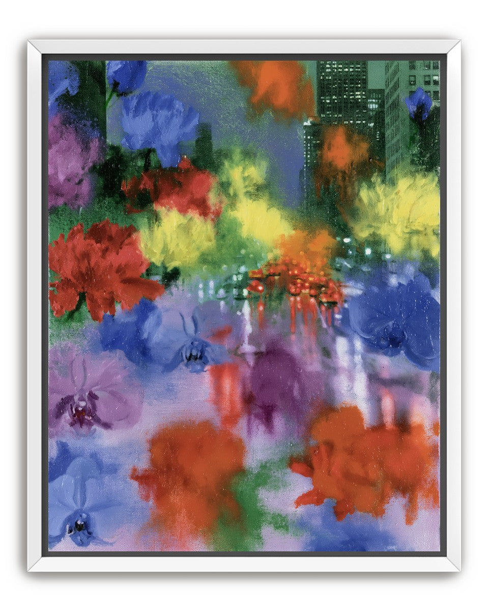 Neon traffic under painted blooms