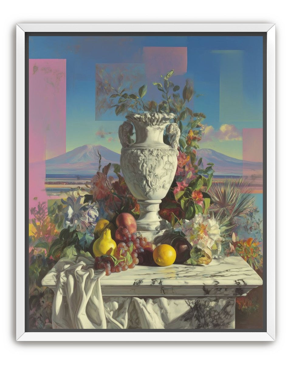 Urn and fruit before mountains