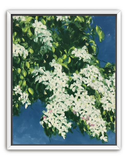 White blossoms on blue field