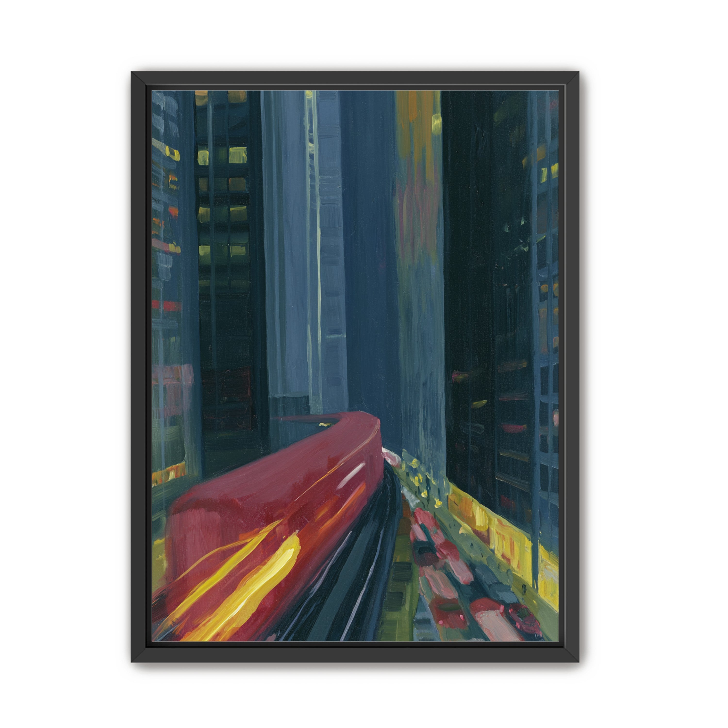 Red train in blue towers
