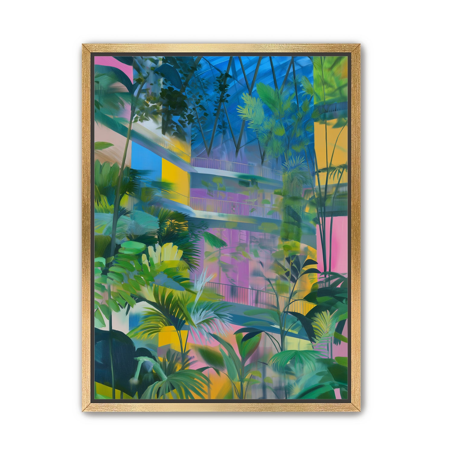 Blue roof over pink atrium
