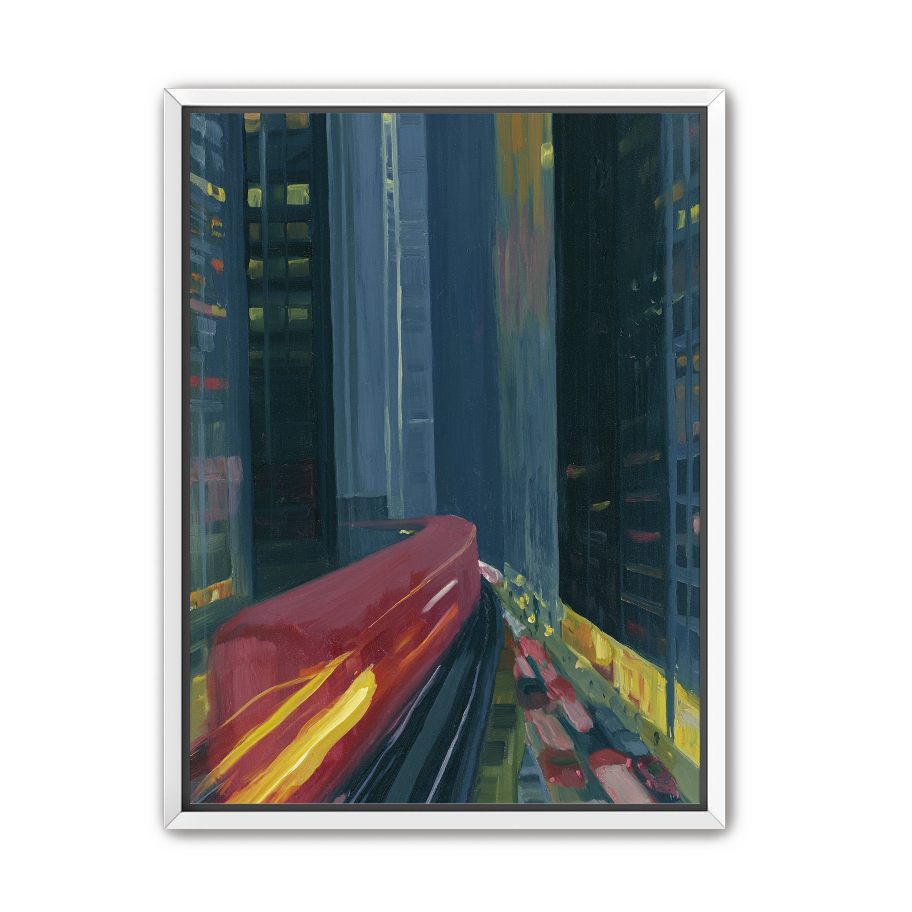 Red train in blue towers