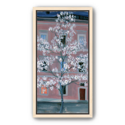 White blossoms against the pink house